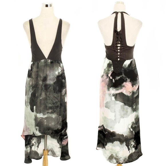 MINKPINK Gray Watercolor Plunging Neckline Lace-Up Back Hi Low Tunic Dress - Picture 1 of 7